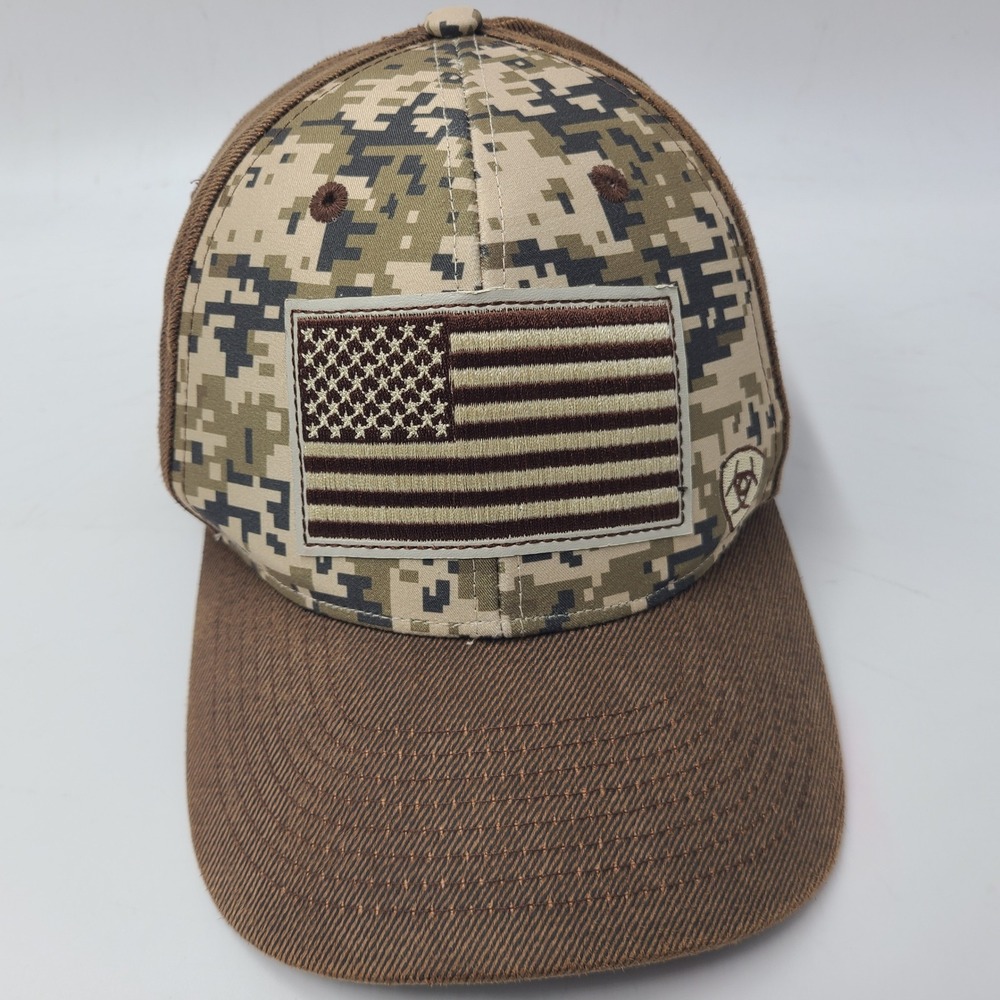 Ariat Hat Snapback Brown Digital Camo American Flag Patch Logo USA Outdoors Men